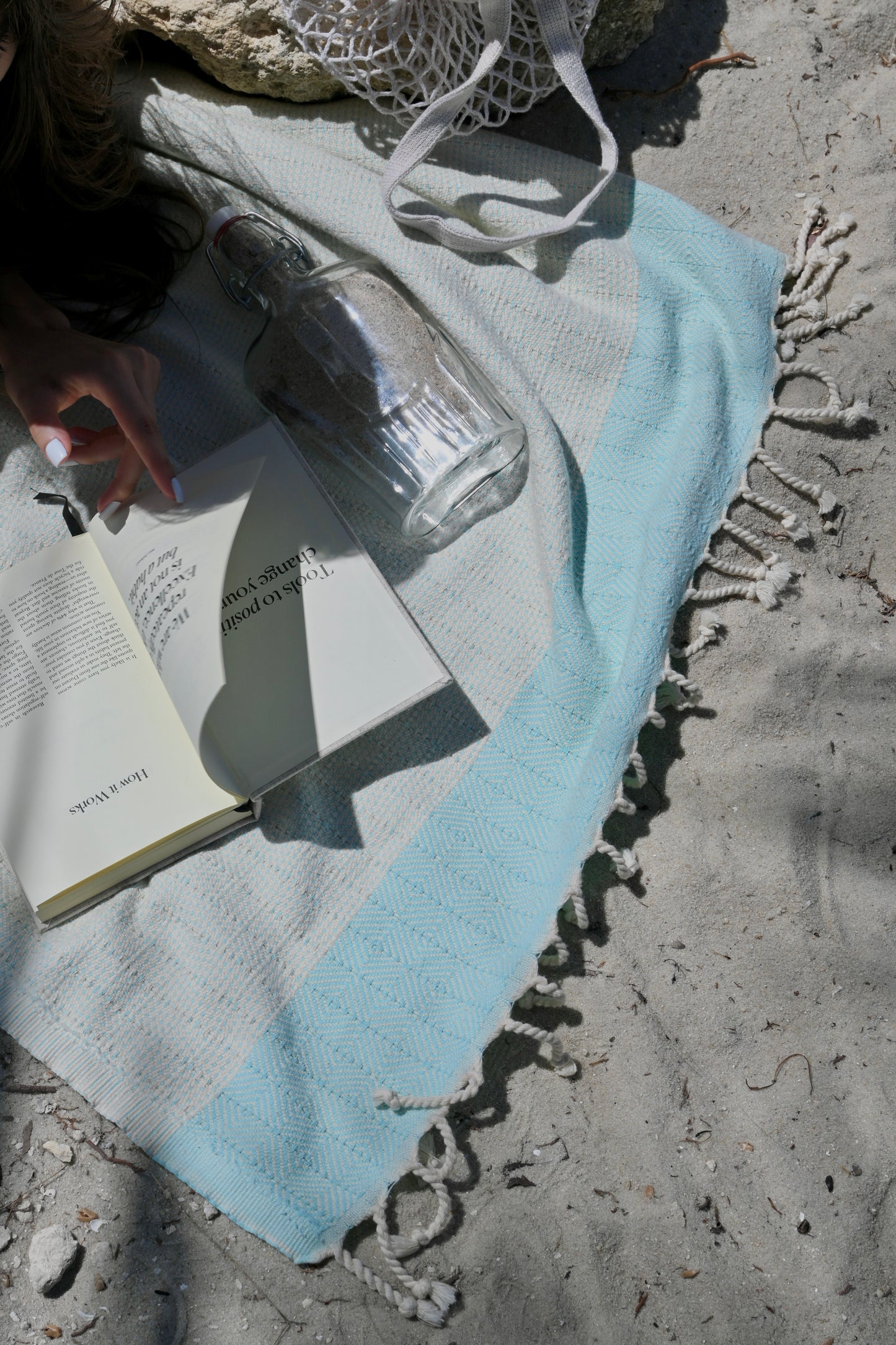 Boho Cotton Beach Towel in Seafoam Blue