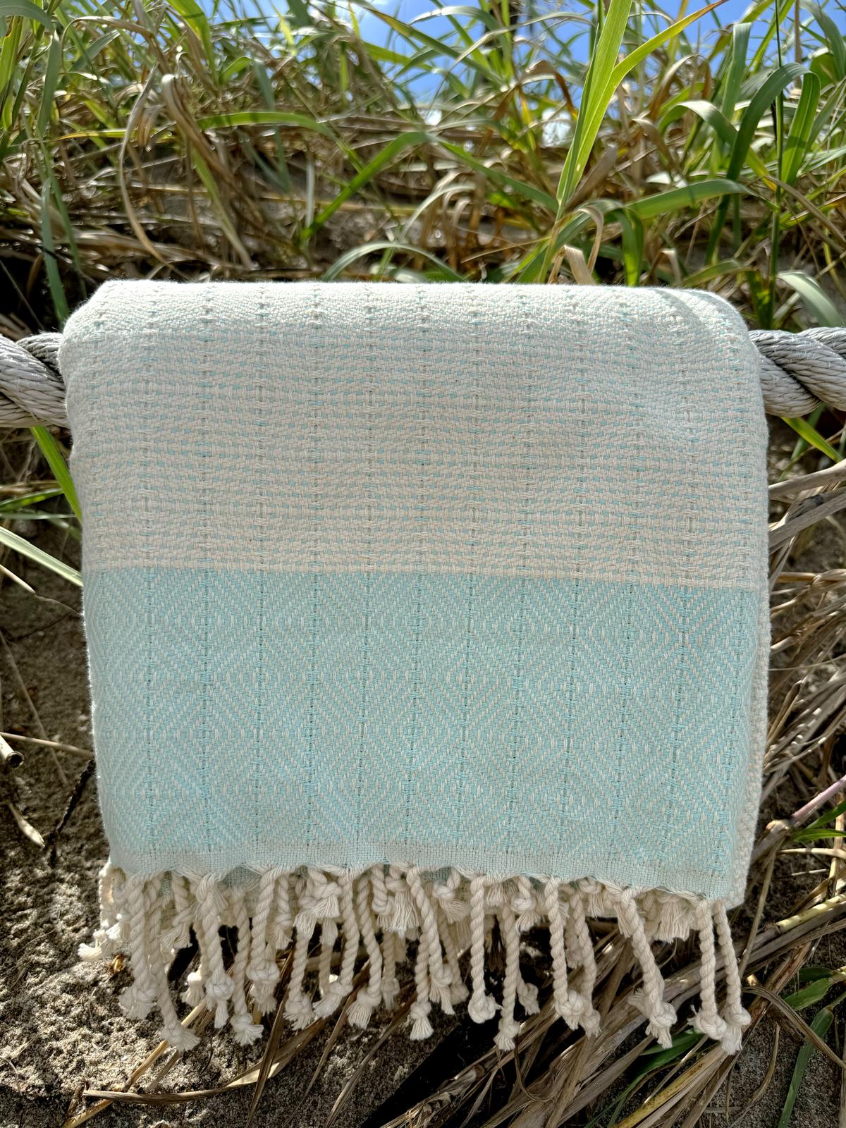 Boho Cotton Beach Towel in Seafoam Blue